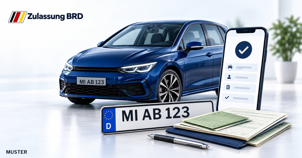 Online Fahrzeugzulassung in Minden: Musterkennzeichen MI AB 123, Auto und Fahrzeugpapiere und Smartphone. Illustration mit Logo von Zulassung BRD.
